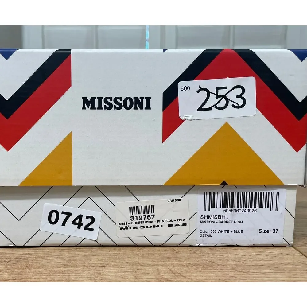 Missoni Basket High Luxury Sneaker White Blue Leather 5 M 6.5 W 37 EU NIB Unisex